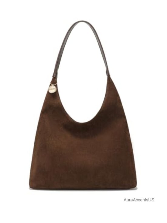 Handbags - Faux Suede Slouchy Hobo Tote Bag, Large Brown Purse with Zipper